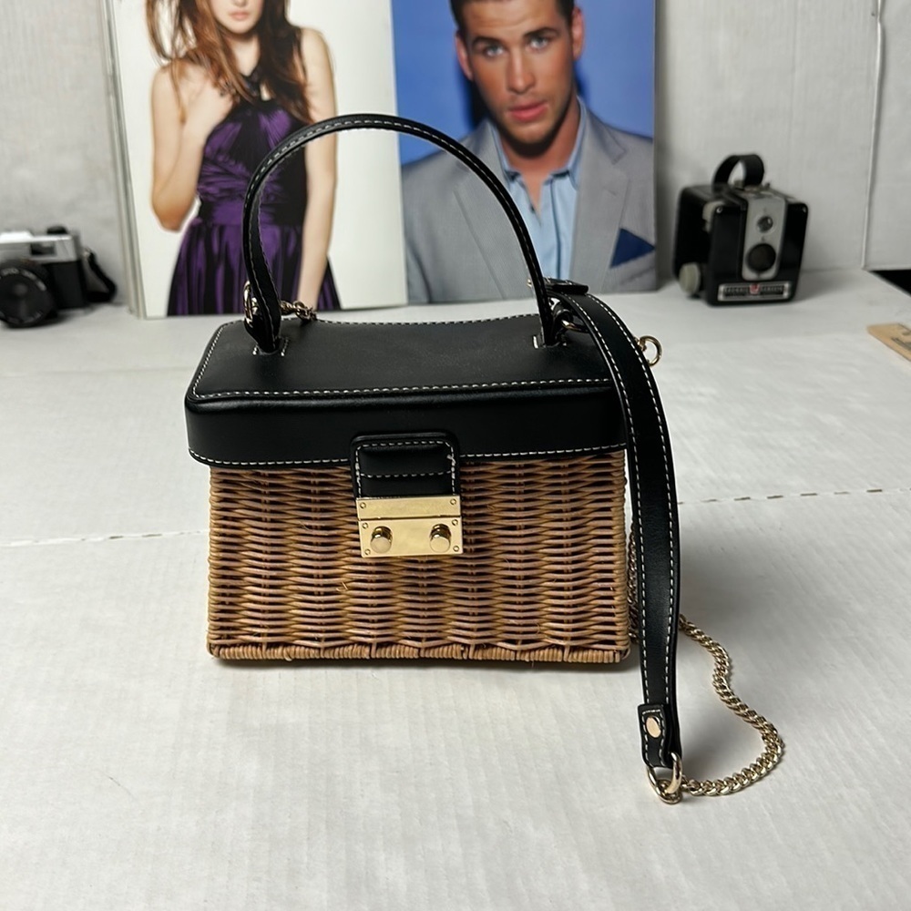 Zara Black Wicker Rattan Box Bag Top Handle Gold Chain Crossbody Purse